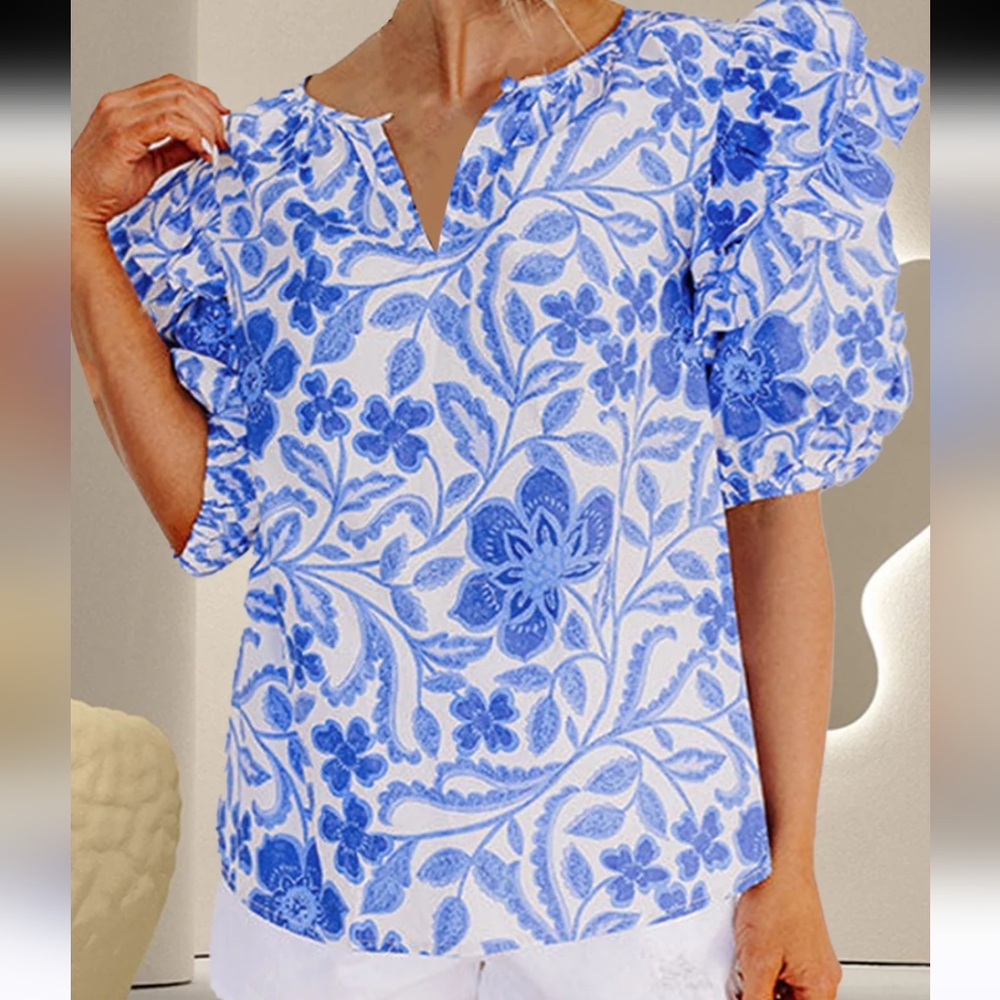 Blue Ruffled Puff Sleeve Blouse